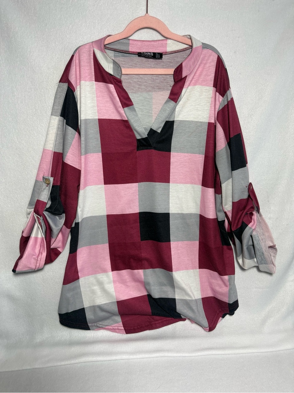 YOINS Plaid Roll Tab Sleeve Blouse